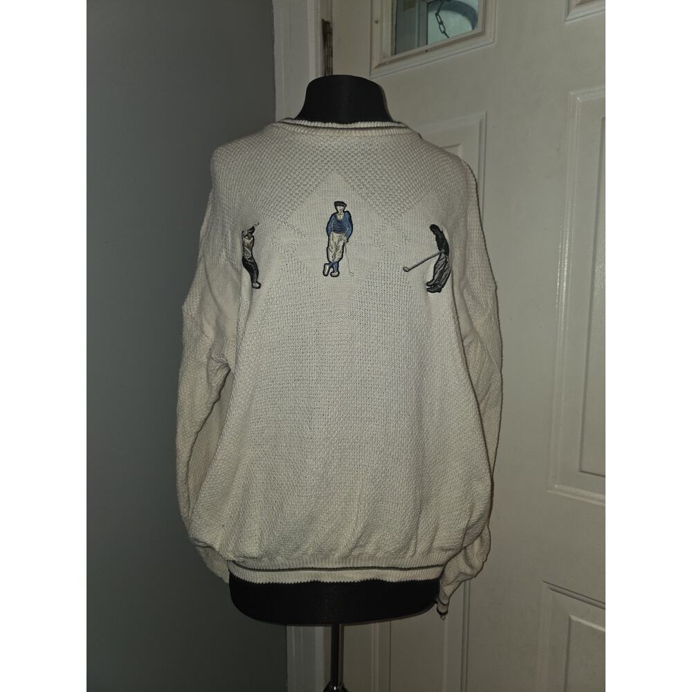 Vtg Grand Slam Golf Embroidered Knit Sweater Men's L Cotton Ivory 3 Golfers